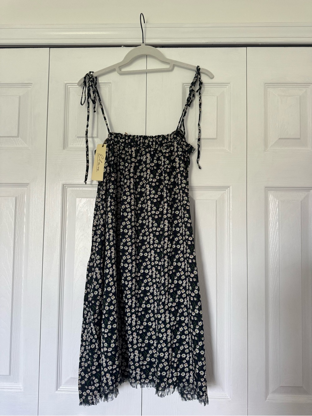 Elan Black Mini Dress with White Daisy Print and Tie Straps